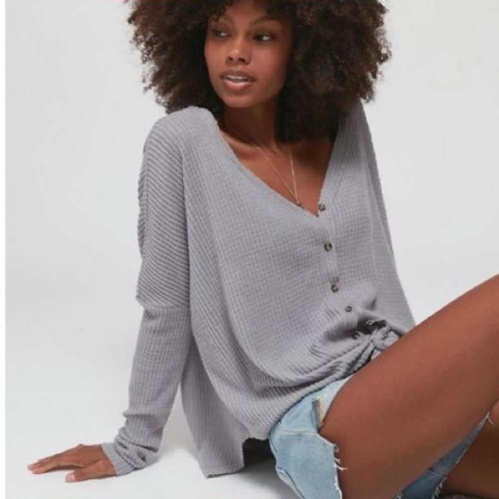 Urban Outfitters Thermal Button Down Front Tie Top